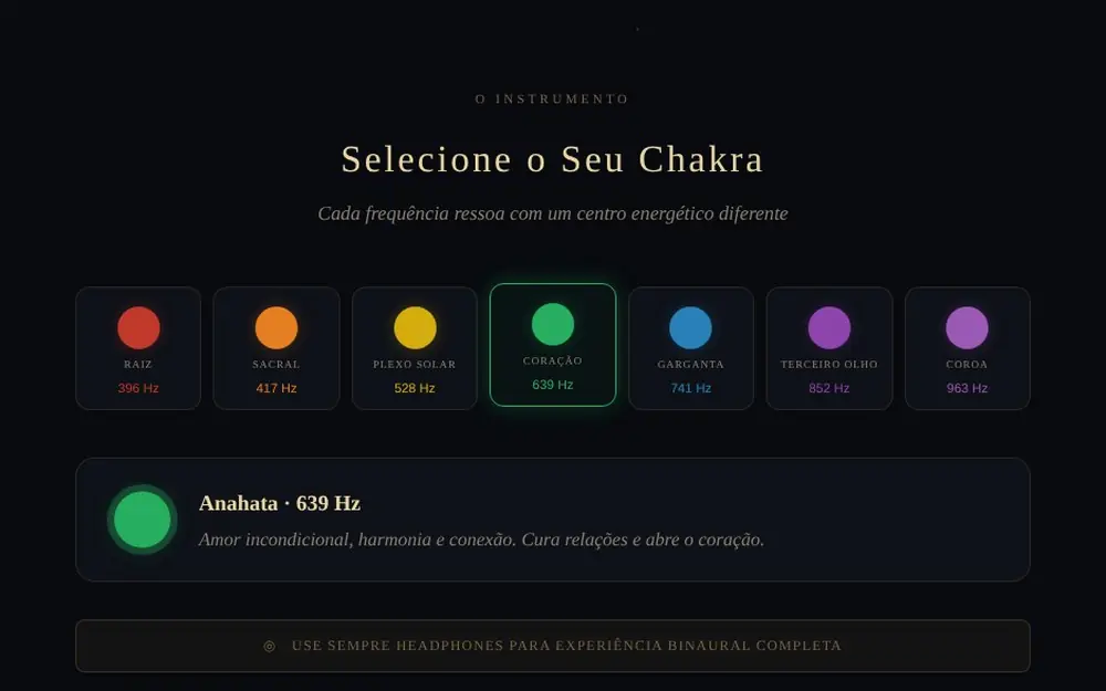 Seletor dos sete chakras na app Chakra Binaural