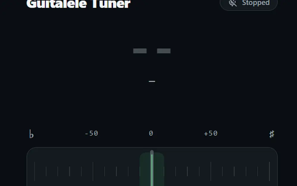 Interface do Guitalele Tuner com o medidor de afinação e as seis cordas