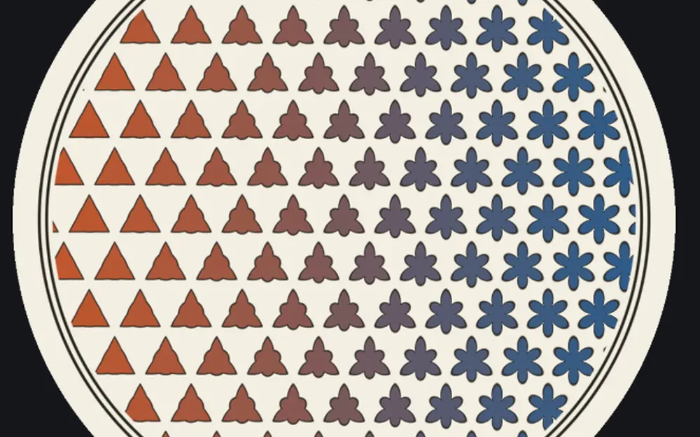 Padrão circular feito no PATTERNmaker: triângulos que se transformam em flores, do laranja ao azul